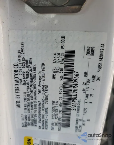 2017 Ford Fusion Se Hybrid z USA, uszkodzony, nr VIN 3FA6P0LU9HR409667